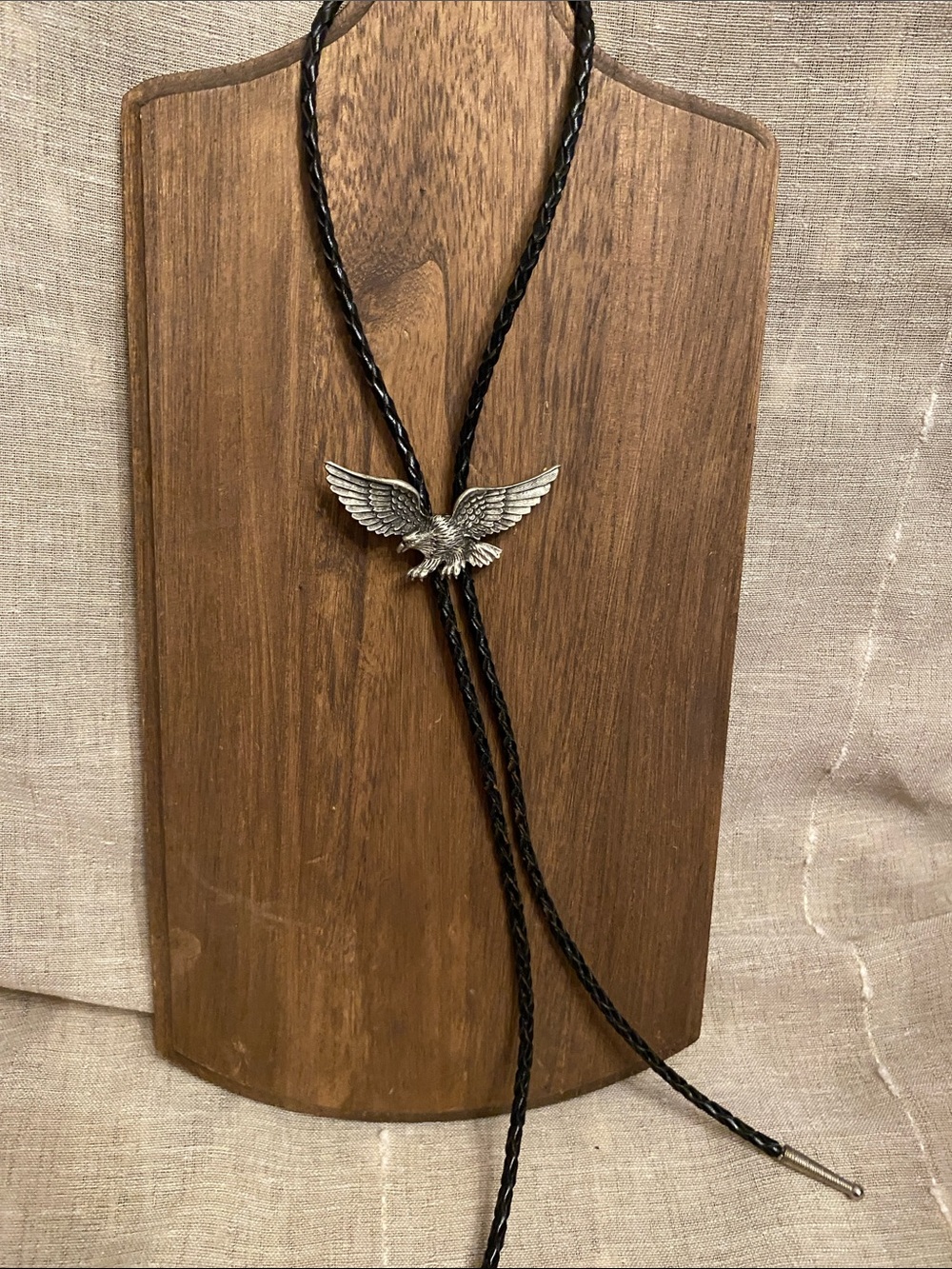 Black Braided leather Bolo Tie with Pewter Silver-tone Eagle Accent Southwestern
